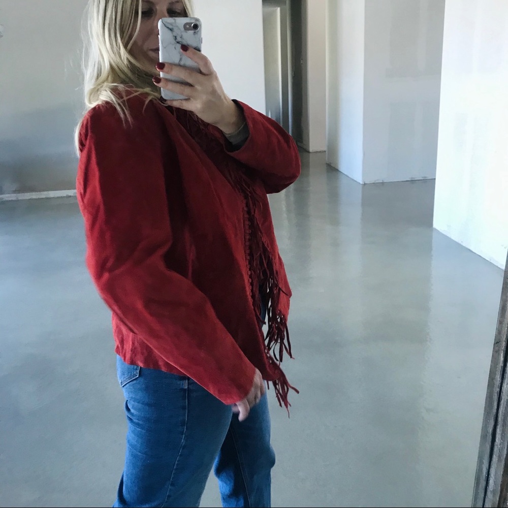 Vintage suede leather jacket red w/ fringe size L